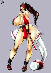 Rule 34 | 1girl, bare shoulders, breasts, brown eyes, brown hair, cleavage, collarbone, covered erect nipples, cretin, curvy, fatal fury, female focus, fingernails, groin, hair ornament, hand fan, highres, hip focus, huge breasts, japanese clothes, knees, legs, lipstick, loincloth, long hair, looking at viewer, makeup, no bra, ponytail, red eyes, shiranui mai, shoes, simple background, snk, socks, solo, standing, the king of fighters, wide hips