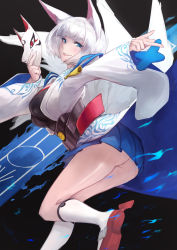 Rule 34 | 1girl, animal ears, ass, azur lane, bad id, bad pixiv id, blue eyes, blue skirt, blunt bangs, breasts, cowboy shot, fox ears, fox mask, fox tail, from side, highres, japanese clothes, kaga (azur lane), large breasts, long sleeves, looking at viewer, looking to the side, mask, multiple tails, no panties, parted lips, sawawse, short hair, skirt, smile, solo, tail, white hair, wide sleeves