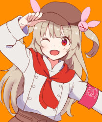 Rule 34 | &gt; &lt;, 1girl, ;d, adjusting clothes, adjusting headwear, alternate costume, arm up, armband, blonde hair, brown hat, cabbie hat, commentary request, fang, hair ornament, hat, jacket, long hair, long sleeves, looking at viewer, natori sana, one eye closed, open mouth, orange background, rabbit hair ornament, red armband, red eyes, red scarf, sana channel, scarf, simple background, smile, solo, two side up, upper body, virtual youtuber, white jacket, youasato