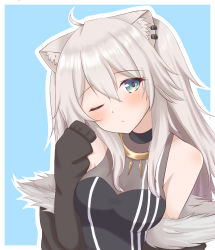 Rule 34 | 1girl, ahoge, animal ears, bare shoulders, blue background, blush, breasts, cleavage, earrings, fur-trimmed jacket, fur trim, grey eyes, grey hair, hair between eyes, hand up, head tilt, hololive, jacket, jewelry, lion ears, lion girl, long hair, looking at viewer, medium breasts, necklace, one eye closed, see-through, see-through cleavage, shirt, shishiro botan, shishiro botan (1st costume), simple background, sleeves past wrists, solo, virtual youtuber, youka1258