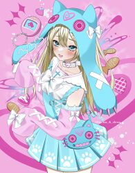 Rule 34 | 1girl, animal-themed food, animal bag, animal hat, bag, blonde hair, blue eyes, blush, bow, bowtie, buckle, cat bag, collar, cross-laced clothes, cross-laced sleeves, detached sleeves, dress, fang, fish, hair ornament, hairclip, hat, heart, heart-shaped buckle, highres, long hair, long sleeves, looking at viewer, open mouth, original, paw print, pinafore dress, pink background, pleated dress, sailor collar, shoulder bag, skin fang, sleeveless, sleeveless dress, sleeves past fingers, sleeves past wrists, smile, solo, tamagotchi, very long hair, wanko (yurika0320)