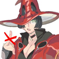 Rule 34 | absurdres, black hair, choker, green-tinted eyewear, guilty gear, guilty gear strive, hat, highres, i-no, jacket, looking at viewer, middle finger, red hat, red jacket, red lips, short hair, solo focus, sunglasses, tinted eyewear, venus symbol, very short hair, witch hat