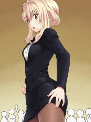 Rule 34 | 1girl, awa, black jacket, black skirt, blonde hair, brown background, closed mouth, clothes lift, commentary request, cowboy shot, dress shirt, formal, gradient background, idolish7, jacket, light smile, lips, long sleeves, looking at viewer, pantyhose, partial commentary, pencil skirt, red eyes, shirt, short hair, skirt, skirt lift, skirt suit, suit, takanashi tsumugi, white shirt