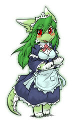 Rule 34 | 1girl, animal ears, animal feet, apron, barefoot, blue apron, blue dress, blush, body fur, breasts, cleavage, collared dress, dress, feet, female focus, frilled dress, frilled sleeves, frills, full body, furry, furry female, green fur, green hair, green outline, hair between eyes, hands up, happy, kame (3t), layered sleeves, legs together, long dress, long hair, long sleeves, looking at viewer, maid, maid headdress, medium breasts, neck ribbon, open mouth, original, outline, own hands together, pocket, red eyes, red ribbon, ribbon, sidelocks, simple background, sketch, slit pupils, smile, solo, standing, tail, two-tone fur, waist apron, white background, white fur