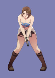 Rule 34 | 1girl, absurdres, blue eyes, blush, breasts, brown hair, cirenk, cleavage, clothes around waist, gun, highres, jill valentine, large breasts, pencil skirt, resident evil, resident evil 3, resident evil 3: nemesis, short hair, skirt, solo, strapless, sweater, sweater around waist, torn clothes, tube top, weapon