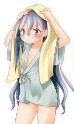 Rule 34 | 1girl, alternate costume, arms up, bathrobe, cowboy shot, flat chest, grey eyes, grey hair, hair between eyes, kantai collection, kiyoshimo (kancolle), one-hour drawing challenge, ray.s, simple background, solo, towel, towel on head, white background
