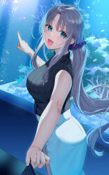 Rule 34 | 1girl, :d, aqua eyes, aquarium, bare shoulders, bekotarou, black sweater, blush, breasts, clothes tug, hair ornament, hair scrunchie, highres, indoors, large breasts, light purple hair, long hair, looking at viewer, low ponytail, open mouth, original, pointing, purple scrunchie, ribbed sweater, scrunchie, sidelocks, skirt, sleeveless, sleeveless sweater, smile, solo focus, sweater, very long hair, white skirt