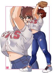 Rule 34 | 1girl, baseball jersey, belly, brown eyes, brown hair, choi seol-hwa, denim, glasses, highres, jeans, jersey, looking to the side, navel, original, pants, photo-referenced, shoes, short hair, smile, sneakers, snowcie, snowciel, solo, zoom layer