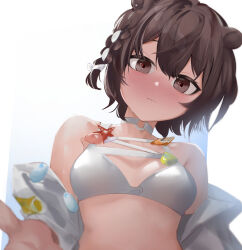 Rule 34 | 1girl, animal ears, ao oni (onioni-aoi), arknights, bare shoulders, bikini, blush, braid, breasts, brown eyes, brown hair, choker, closed mouth, from below, gradient background, hair ribbon, highres, jacket, long sleeves, looking at viewer, looking down, nose blush, official alternate costume, open clothes, open jacket, ribbon, roberta (arknights), roberta (summer flowers) (arknights), short hair, side braid, small breasts, solo, swimsuit, upper body, white bikini, white choker, white jacket, white ribbon