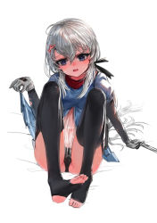 Rule 34 | 1girl, 9a-91 (girls&#039; frontline), bed sheet, black panties, black sleeves, black thighhighs, blue dress, blue eyes, blush, cameltoe, dokomon, dress, girls&#039; frontline, gloves, grey gloves, grey hair, groin, hair between eyes, hair ornament, knees up, long hair, looking at viewer, low ponytail, no shoes, open mouth, panties, ponytail, puffy short sleeves, puffy sleeves, see-through, short sleeves, sidelocks, sitting, solo, stirrup legwear, thighhighs, toeless legwear, torn clothes, torn sleeves, underwear, very long hair, white background