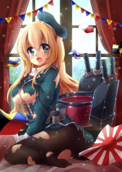 Rule 34 | 10s, 1girl, atago (kancolle), blonde hair, blue eyes, breasts, hat, highres, kantai collection, long hair, pantyhose, personification, solo, torn clothes, torn pantyhose, underboob, uniform, urara (sumairuclover)