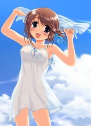 Rule 34 | 00s, 1girl, arms up, blue eyes, blush, breasts, brown hair, contrapposto, covered erect nipples, dress, folded ponytail, highres, komaki manaka, medium breasts, no bra, open mouth, panties, ribbon, see-through, shiukichi, solo, standing, to heart (series), to heart 2, underwear