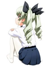 Rule 34 | 10s, 1girl, absurdres, anchovy (girls und panzer), anzio school uniform, bad id, bad twitter id, black skirt, closed mouth, commentary, cwind, dress shirt, drill hair, facing away, from behind, full body, girls und panzer, green hair, highres, hugging own legs, light frown, long hair, long sleeves, miniskirt, pantyhose, pleated skirt, red eyes, school uniform, shirt, simple background, sitting, skirt, solo, twin drills, twintails, white background, white pantyhose, white shirt