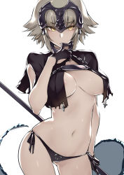 Rule 34 | 1girl, areola slip, armor, black gloves, black panties, blonde hair, breasts, cleavage, contrapposto, cowboy shot, fate/grand order, fate (series), female focus, finger to mouth, gloves, hand to own mouth, headgear, jeanne d&#039;arc (fate), jeanne d&#039;arc alter (avenger) (fate), jeanne d&#039;arc alter (fate), kurowa, large breasts, navel, panties, parted lips, ruler (fate/grand order), short hair, side-tie panties, solo, standing, underboob, underwear, yellow eyes