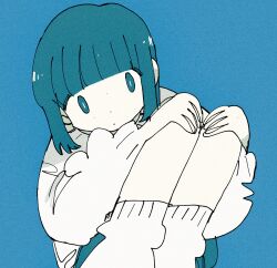 Rule 34 | 1girl, blue background, blue eyes, blue hair, blue theme, blunt bangs, bright pupils, dot mouth, dot nose, expressionless, hand on own knee, highres, hugging own legs, limited palette, looking at viewer, original, short hair, sidelocks, simple background, socks, solo, soyacomu, white pupils, white socks