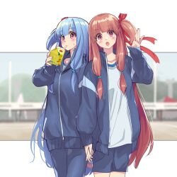 Rule 34 | 2girls, blue hair, blue jacket, blue pants, blue shorts, blurry, blurry background, blush, collarbone, commentary request, cowboy shot, drinking, gym shorts, gym uniform, hair ribbon, hand up, head tilt, highres, holding carton, holding hands, jacket, kotonoha akane, kotonoha aoi, long hair, long sleeves, looking at viewer, multiple girls, one side up, open clothes, open jacket, outside border, p2 shino, pants, pink eyes, pink hair, red ribbon, ribbon, shirt, shorts, siblings, side-by-side, sisters, sports festival, sweat, track jacket, track pants, very long hair, voiceroid, waving, white shirt, wide-eyed