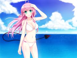 Rule 34 | 1girl, arm up, armpits, bikini, breasts, cleavage, cloud, day, fmg, green eyes, highres, lala satalin deviluke, large breasts, long hair, navel, ocean, outdoors, pink hair, sky, smile, solo, swimsuit, tail, to love-ru, water, wind
