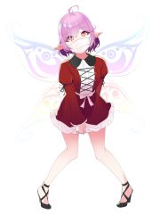 Rule 34 | 1girl, absurdres, ahoge, arm behind back, between legs, black footwear, buttons, collared dress, corset, dress, fairy, fairy wings, female focus, flat chest, frilled dress, frills, full body, hand between legs, head tilt, high heels, highres, juliet sleeves, leaning forward, legs apart, long sleeves, looking at viewer, mask, mouth mask, original, pigeon-toed, pink hair, pointy ears, puffy sleeves, purple hair, red dress, red eyes, shoes, short dress, short hair, sidelocks, simple background, solo, standing, surgical mask, white background, wings, y kimisaki