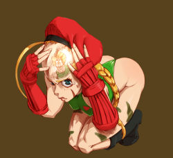 Rule 34 | 1girl, ahoge, ass, bald, beret, blonde hair, braid, cammy white, camouflage, capcom, fingerless gloves, forehead, gloves, hat, huge ahoge, leotard, reflection, scar, simple background, solo, street fighter, tattoo, tears, thong leotard, twin braids