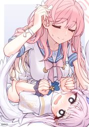 Rule 34 | 2girls, absurdres, black eyes, blue archive, blue sailor collar, blush, bow, braid, breasts, clenched hands, closed eyes, dress, feathered wings, hair between eyes, hair bow, hair bun, halo, hanako (blue archive), highres, large breasts, long hair, lying, mika (blue archive), multiple girls, namaata, on back, open mouth, pink hair, sailor collar, school uniform, scrunchie, serafuku, shirt, short sleeves, side braid, simple background, single side bun, smile, sweat, very long hair, white bow, white dress, white shirt, white wings, wings, wrist scrunchie, yuri