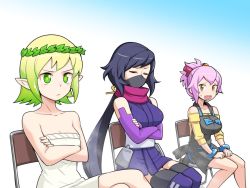 Rule 34 | 3girls, apron, ayame (gundam build divers), black hair, borrowed character, breasts, character request, cleavage, closed eyes, copyright request, green eyes, green hair, gundam, gundam build divers, kanda sumire, large breasts, looking ahead, looking to the side, mask, medium breasts, mouth mask, multiple girls, ninja, ninja mask, pink hair, pointy ears, short hair, sitting, trait connection, yellow eyes