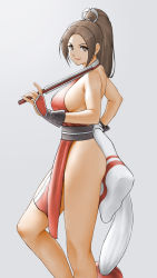 Rule 34 | 1girl, bare shoulders, breasts, brown eyes, brown hair, closed mouth, commentary request, fatal fury, fingernails, from side, grey background, highres, holding, japanese clothes, lips, long hair, looking at viewer, medium breasts, ninja, no bra, parted bangs, pelvic curtain, ponytail, revealing clothes, shiranui mai, simple background, sleeveless, smile, solo, standing, the king of fighters, thighs, x chitch
