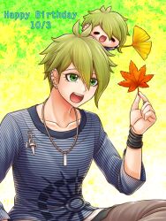 Rule 34 | 2boys, amami rantaro, antenna hair, autumn leaves, black eyes, blue shirt, bracelet, brown pants, chibi, chibi on head, clone, commentary request, cowboy shot, crossed legs, danganronpa (series), danganronpa v3: killing harmony, dated, ear piercing, earrings, english text, eyelashes, gradient background, green eyes, green hair, happy, happy birthday, holding, holding leaf, jewelry, leaf, leaf background, light blush, long sleeves, male focus, multiple boys, multiple bracelets, multiple piercings, on head, open mouth, pants, pendant, piercing, ring, shirt, short hair, simple background, sitting, smile, solid oval eyes, spike piercing, striped clothes, striped shirt, stud earrings, teeth, upper teeth only, vertical-striped sleeves, white undershirt, yellow background, yumaru (marumarumaru)