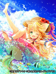 Rule 34 | 1girl, angelfish, animal ears, beach, bird, blonde hair, bow, bracelet, braid, butterflyfish, cat ears, cat tail, cloud, clownfish, damselfish, day, facepaint, fish, floral print, flower, green eyes, hat, hibiscus, innertube, jewelry, kinota, long hair, necklace, ocean, official art, one eye closed, outdoors, outstretched arm, partially submerged, pink bow, seagull, seiten ragnarok, sky, smile, straw hat, swim ring, swimsuit, tail, tropical fish, water