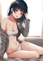 Rule 34 | 1girl, :d, blue hair, blunt bangs, blush, bra, breasts, cardigan, cleavage, collarbone, fang, grey cardigan, groin, hand in own hair, long hair, looking at viewer, love live!, love live! sunshine!!, medium breasts, mia (fai1510), navel, off shoulder, open cardigan, open clothes, open mouth, panties, polka dot, polka dot bra, polka dot panties, red eyes, sitting, smile, solo, strapless, strapless bra, tsushima yoshiko, underwear, white bra, white panties