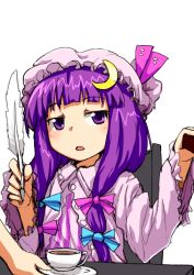 Rule 34 | 1girl, bad id, bad pixiv id, cup, dai-erie, feathers, frilled sleeves, frills, gerijita, hat, jitome, long hair, mob cap, out of frame, patchouli knowledge, purple eyes, purple hair, solo focus, table, tea, teacup, touhou