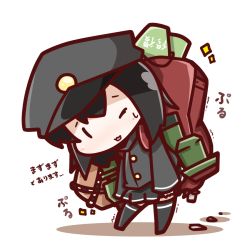 Rule 34 | 10s, 1girl, akitsu maru (kancolle), backpack, bag, black hair, bucket, chibi, hat, head tilt, kantai collection, machinery, military, military uniform, nuu (nu-nyu), one eye closed, open mouth, short hair, simple background, solo, sweat, thighhighs, translation request, trembling, uniform, wavy mouth, white background, wink
