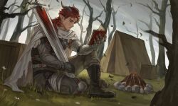 Rule 34 | 1boy, aixiwuganda (20222192), arknights, bare tree, book, campfire, cape, chinese commentary, commentary request, crate, demon boy, demon horns, eyepatch, falling leaves, highres, hoederer (arknights), holding, holding book, horns, leaf, male focus, on grass, on ground, one eye covered, open book, overcast, reading, red eyes, red hair, scar, scar on face, sitting, sky, sword, tent, tree, weapon, white cape