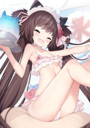 Rule 34 | 1girl, :d, animal ears, bead bracelet, beads, bikini, blue archive, blush, bracelet, breasts, brown hair, choker, cisyo, cleavage, closed eyes, closed mouth, collarbone, fake animal ears, feet out of frame, female focus, frilled bikini, frills, halterneck, hands up, highres, holding, holding tray, jewelry, knees up, legs up, long hair, maid headdress, official alternate costume, open mouth, pink bikini, pink choker, shizuko (blue archive), shizuko (swimsuit) (blue archive), sitting, small breasts, smile, solo, swimsuit, teeth, thighs, tray, twintails, two-tone bikini, upper teeth only, very long hair, white bikini