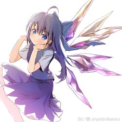Rule 34 | 1girl, ahoge, alternate hair length, alternate hairstyle, artist name, blue bow, blue eyes, blue hair, blue skirt, blue vest, blush, bow, cirno, closed mouth, detached wings, fairy, hair between eyes, hair bow, ice, ice wings, long hair, shiroi karasu, shirt, short sleeves, simple background, skirt, smile, solo, touhou, twitter username, vest, white background, white shirt, wings