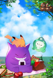 Rule 34 | absurdres, apple, bird, blanket, bottle, cloud, commentary, creatures (company), day, closed eyes, food, fruit, game freak, gen 1 pokemon, gen 4 pokemon, gen 5 pokemon, gengar, grass, grin, highres, holding, holding food, mumu914, nintendo, no humans, onigiri, outdoors, picnic basket, pikachu, plate, pokemon, pokemon (creature), sandwich, sitting, sky, smile, solosis, starly, teeth, tongue, tongue out