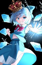 1girl ahoge black_background blue_bow blue_eyes blue_hair blue_shirt blue_skirt blurry bow bowtie cirno clenched_hand collared_shirt commentary_request commission crown dinotodon foreshortening grin hair_bow highres ice ice_wings midriff partial_commentary puffy_short_sleeves puffy_sleeves red_bow red_bowtie shirt short_hair short_sleeves skeb_commission skirt skirt_set smile solo sparkle touhou water water_drop wing_collar wings