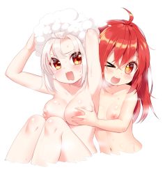 Rule 34 | &gt; o, 2girls, ;d, ahoge, armpits, arms up, bad id, bad pixiv id, blush, grabbing another&#039;s breast, breasts, grabbing, grabbing from behind, groping, long hair, medium breasts, multiple girls, mvv, nipples, nude, one eye closed, open mouth, original, red eyes, red hair, shampoo, small breasts, smile, star-shaped pupils, star (symbol), sweat, sweatdrop, symbol-shaped pupils, vivian (mvv), wavy mouth, white hair, yuri