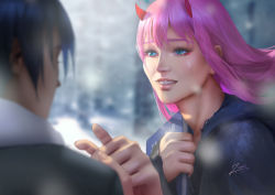 Rule 34 | 10s, 1boy, 1girl, black hair, blue eyes, book, coat, commentary, couple, crying, crying with eyes open, darling in the franxx, english commentary, grey coat, holding hands, hiro (darling in the franxx), holding, holding book, horns, long hair, oni horns, pink hair, realistic, short hair, signature, snow, tears, tree, winter clothes, winter coat, zero two (darling in the franxx), zumi (zumidraws)