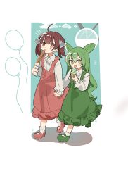 Rule 34 | 2girls, ahoge, alternate costume, balloon, border, brown hair, collared shirt, commentary, eating, food, frilled skirt, frills, green footwear, green hair, green skirt, headgear, highres, holding, holding food, holding hands, holding ice cream, ice cream, long hair, long sleeves, looking at viewer, mary janes, matching outfits, medium hair, multiple girls, non (nonnondesu00), open mouth, outside border, red eyes, red footwear, red skirt, shirt, shoes, skirt, socks, standing, suspender skirt, suspenders, tongue, tongue out, touhoku kiritan, twintails, voiceroid, voicevox, walking, white border, white shirt, white socks, yellow eyes, zundamon
