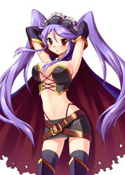 Rule 34 | 1girl, :o, ahoge, armpits, arms behind head, arms up, belt, belt skirt, black skirt, black thighhighs, blue cape, blush, breasts, brown belt, bucchake (asami), cape, cleavage, cosplay, cowboy shot, crop top, cross-laced clothes, detached sleeves, floating hair, frills, gluteal fold, headdress, high collar, highleg, highleg panties, large breasts, legs apart, long hair, magical halloween, midriff, miniskirt, multiple belts, navel, panties, panty straps, parted bangs, parted lips, pencil skirt, purple cape, purple eyes, purple hair, rosemary bergamot, rosemary bergamot (cosplay), sanada jun&#039;yuushi, sidelocks, simple background, skirt, skull, solo, standing, strapless, swept bangs, thighhighs, torn cape, torn clothes, tube top, twintails, underwear, very long hair, white background, yuri kamanosuke (sanada jun&#039;yuushi), zettai ryouiki