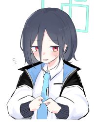 Rule 34 | &lt;key&gt; (blue archive), 1girl, aqua necktie, black hair, blue archive, blush, cropped torso, flying sweatdrops, hair between eyes, halo, highres, looking at viewer, medium hair, necktie, neika-chan, red eyes, shirt, simple background, solo, sweatdrop, upper body, white background, white shirt