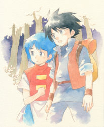 Rule 34 | 1boy, 1girl, agahari, backpack, bag, black hair, blue eyes, blue hair, cal (ripple island), character request, commentary request, forest, highres, looking away, looking to the side, nature, ripple island, short hair, short sleeves, traditional media, tree