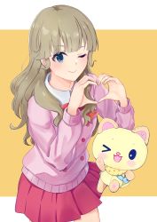 Rule 34 | 1girl, absurdres, blue eyes, blunt bangs, bow, brown hair, collar, eyes visible through hair, heart, heart hands, highres, long sleeves, mewkledreamy, one eye closed, peko (mewkledreamy), pink sweater, red bow, school uniform, simple background, skirt, solo, star-shaped pupils, star (symbol), stuffed animal, stuffed toy, sweater, symbol-shaped pupils, temple circle, tsukishima maira, white collar, wink