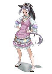Rule 34 | 1girl, animal ears, bow, brown bow, collar, donkey (kemono friends), donkey ears, donkey girl, donkey tail, dress, extra ears, floral print, forehead, frilled collar, frilled dress, frills, full body, grey hair, hair bow, hands on own hips, high collar, highres, kemono friends, kemono friends 3, long hair, looking at viewer, multicolored hair, official alternate costume, pink dress, ponytail, puffy sleeves, red eyes, sandals, solo, tanabe (fueisei), white footwear, white hair, white sleeves