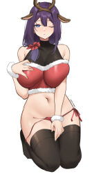 Rule 34 | 1girl, animal ears, bare shoulders, black thighhighs, blue eyes, breasts, character request, copyright request, crop top, fake animal ears, fake antlers, fur trim, hand on own chest, highres, large breasts, long hair, looking at viewer, midriff, navel, panties, pinepin, purple hair, red panties, seiza, side-tie panties, simple background, sitting, solo, stomach, thighhighs, thighs, underwear, untied panties, white background