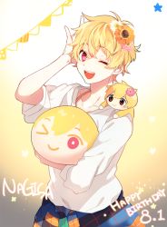 Rule 34 | 10s, 1boy, bad id, bad pixiv id, birthday, blonde hair, character doll, character name, dated, flower, free!, hair flower, hair ornament, happy birthday, hazuki nagisa, male focus, merchandise, omanjuu mascot, one eye closed, open mouth, red eyes, smile, solo