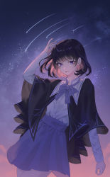 Rule 34 | 1girl, absurdres, arm up, black cape, black hair, blunt bangs, bow, bowtie, cape, colored inner hair, highres, light particles, long sleeves, looking at viewer, multicolored hair, night, original, outdoors, parted lips, pink hair, pleated skirt, purple bow, purple bowtie, purple eyes, purple skirt, purple sky, ramingbera, sailor collar, school uniform, shirt, shirt tucked in, shooting star, short hair, skirt, sky, solo, sparkle, standing, star (sky), two-tone hair, white sailor collar, white shirt
