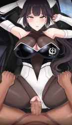 Rule 34 | 1boy, 1girl, absurdres, azur lane, bare shoulders, bodystocking, bow, breasts, brown hair, car interior, censored, cleavage cutout, clothing aside, clothing cutout, hair bow, hetero, highres, large breasts, leotard, leotard aside, long hair, looking at viewer, mosaic censoring, multicolored leotard, official alternate costume, orange eyes, penis, race queen, sex, takao (azur lane), takao (full throttle charmer) (azur lane), torn bodystocking, torn clothes, two-tone leotard, unitard, very long hair, white bow