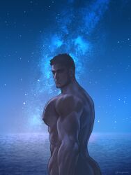 Rule 34 | 1boy, abs, ass, bara, chest hair, closed mouth, cloud, completely nude, facial hair, golden kamuy, large pectorals, long sideburns, looking at viewer, male focus, muscular, muscular male, night, night sky, nipples, nopinzo, nude, outdoors, pectorals, sideburns, sky, smile, solo, star (sky), starry sky, tanigaki genjirou, twitter username, water