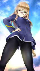 Rule 34 | 1girl, absurdres, black pantyhose, blonde hair, blush, breasts, closed mouth, cloud, cloudy sky, from below, glasses, hand on own hip, highres, long hair, looking at viewer, looking down, memory (prophet5), military, military uniform, outdoors, panties, panties under pantyhose, pantyhose, perrine h. clostermann, shiny clothes, sky, small breasts, solo, standing, strike witches, underwear, uniform, white panties, world witches series, yellow eyes